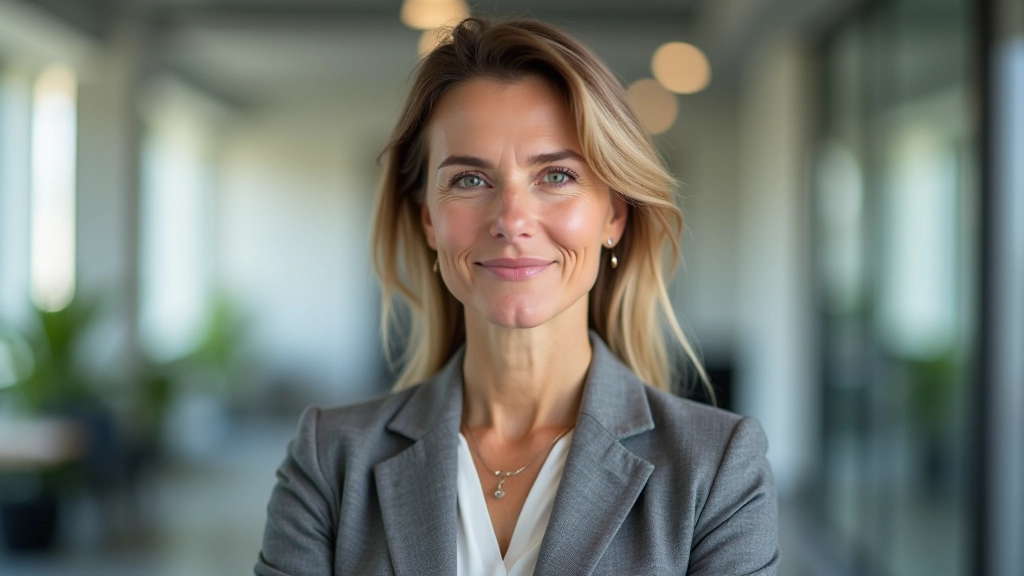 Geschäftsfrau mittleren Alters in professionellem grauem Anzug, Portrait von Brust aufwärts, modernes Büro mit natürlicher Beleuchtung, unscharfer Hintergrund