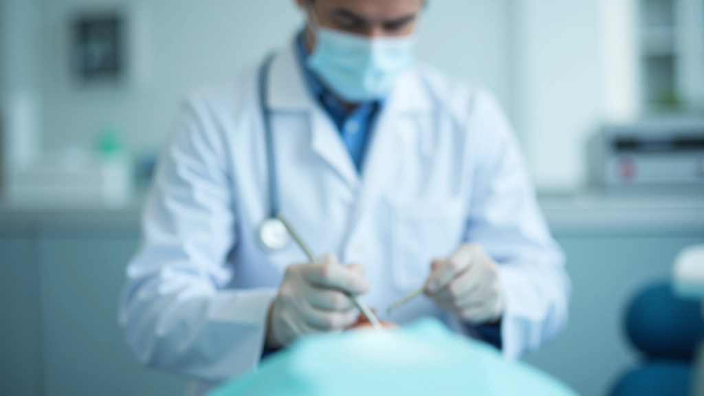 Zahnarzt bei der Arbeit mit Instrumenten, konzentriert auf Patientenpflege, helles Zahnarztzimmer