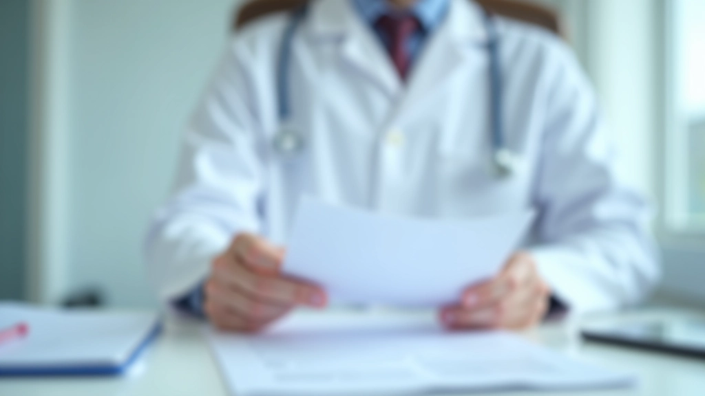 Arzt bei der Untersuchung, medizinisches Formular mit Stift, klinische Umgebung