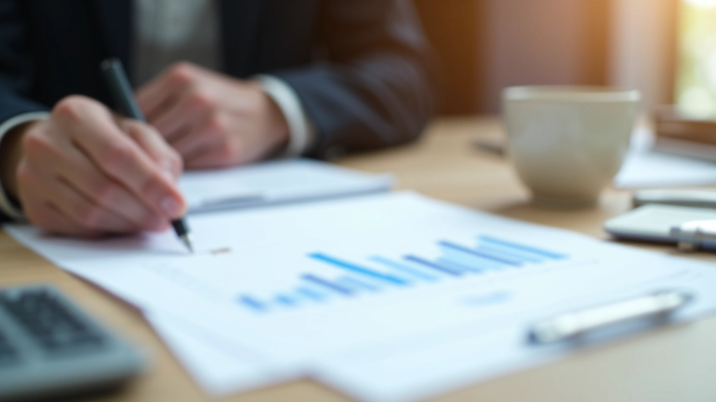 Grafik auf Papier mit Balkendiagramm und Rentenverlauf, Taschenrechner und Finanzberater notiert Zahlen, professioneller Schreibtisch