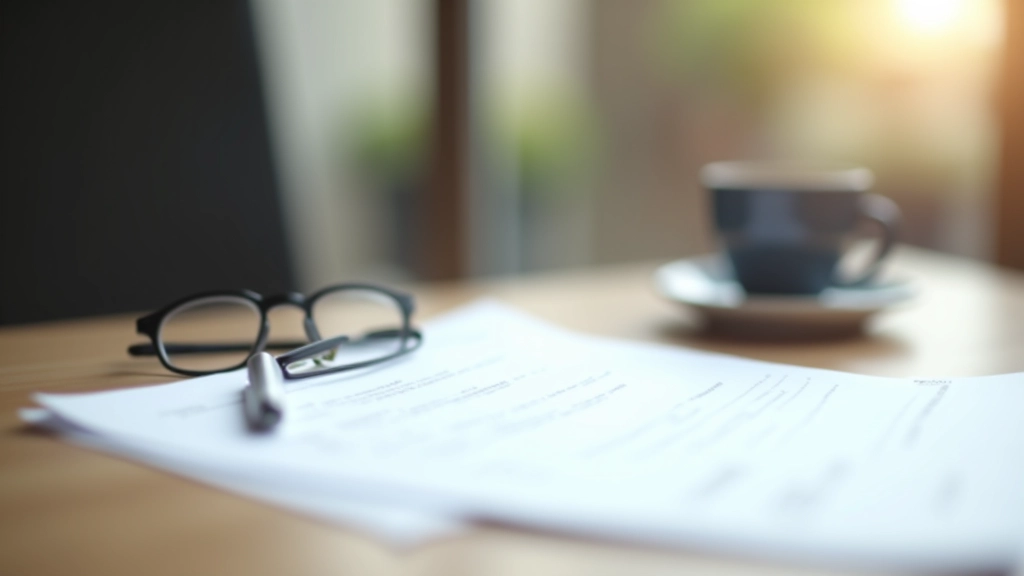 Versicherungsdokument mit Stift auf Schreibtisch, professionelle Umgebung mit Tasse und Brille