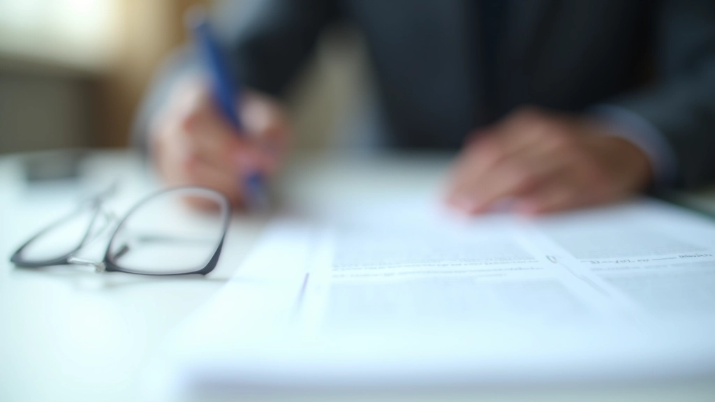 Versicherungsantrag mit Stift und Brille auf Schreibtisch, medizinische Unterlagen im Hintergrund