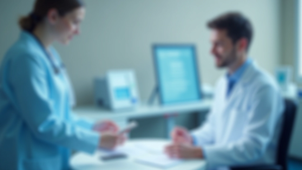 Arzt bei Konsultation mit Patient, medizinisches Formular und Stift, moderne Klinik mit weichem Licht und verschwommenem Hintergrund