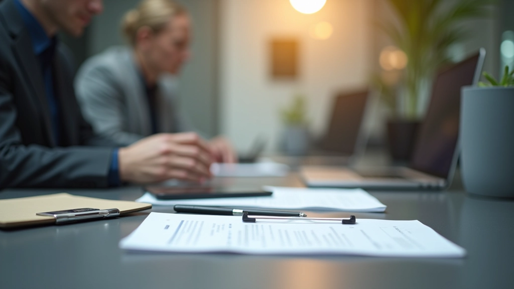 Versicherungsbüro mit Schreibtisch, Dokumenten und Computer, professionelle Arbeitsumgebung