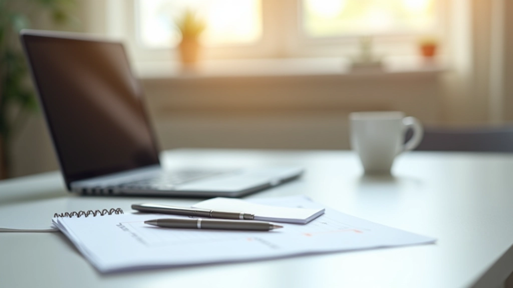 Laptop mit Versicherungsdaten, Notizblock und Tasse auf modernem Schreibtisch, Arbeitsbereich