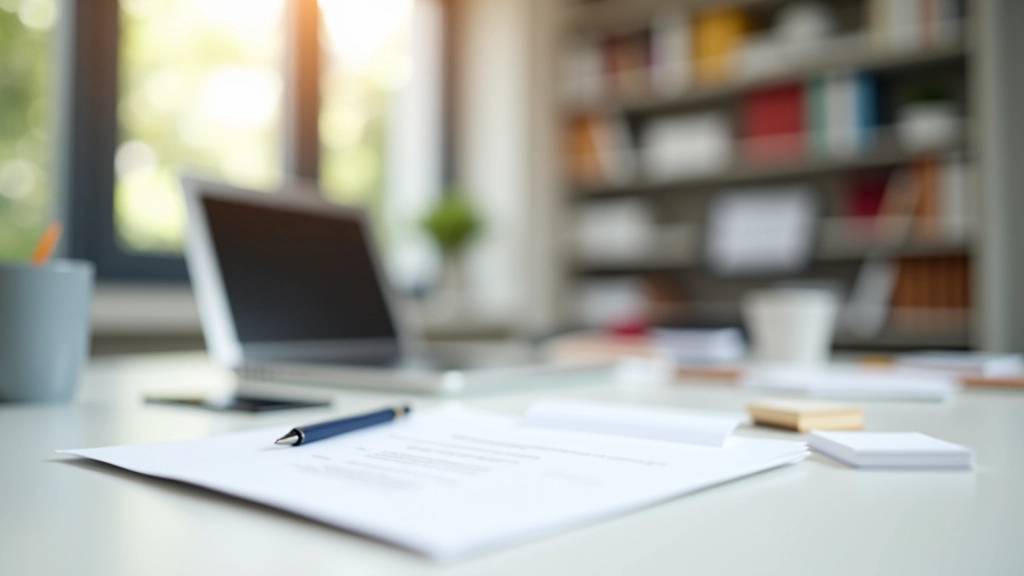 Büro-Arbeitsplatz mit Computer, Dokumenten und Schreibtischzubehör in modernem Arbeitsumfeld