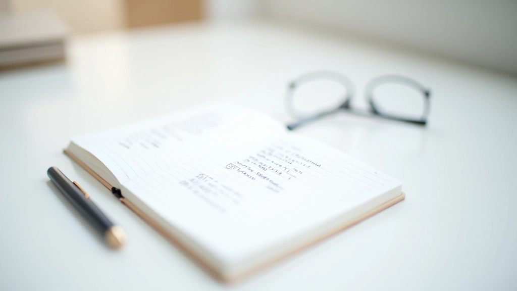 Geöffnetes Notizbuch mit handgeschriebenen Notizen über Versicherungsbedingungen, Stift und Lesebrille auf weißem Schreibtisch