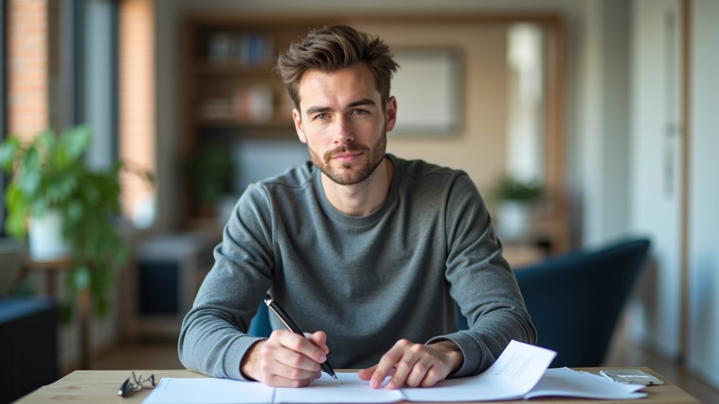 Person vergleicht Versicherungspolicen mit Notizbuch und Stift, mehrere Dokumente auf Schreibtisch, konzentrierter Ausdruck