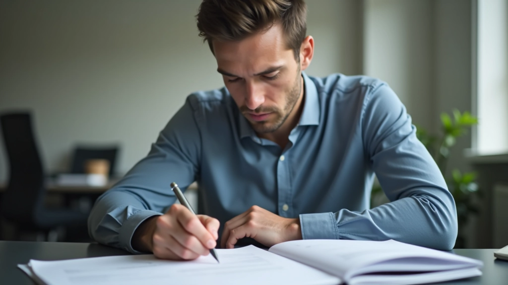 Person füllt Versicherungsformular aus mit medizinischen Unterlagen auf dem Tisch, konzentrierter Blick
